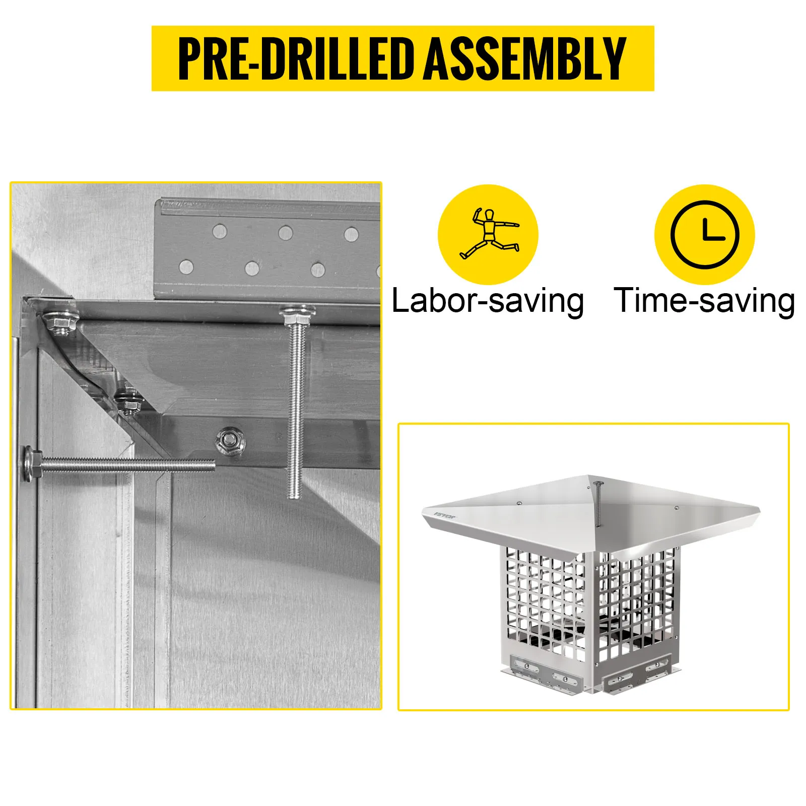 pre-drilled VEVOR chimney cap assembly for labor and time-saving installation.