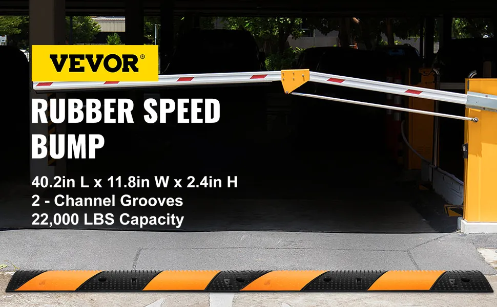 VEVOR rubber speed bump in parking area with dimensions and capacity info displayed.