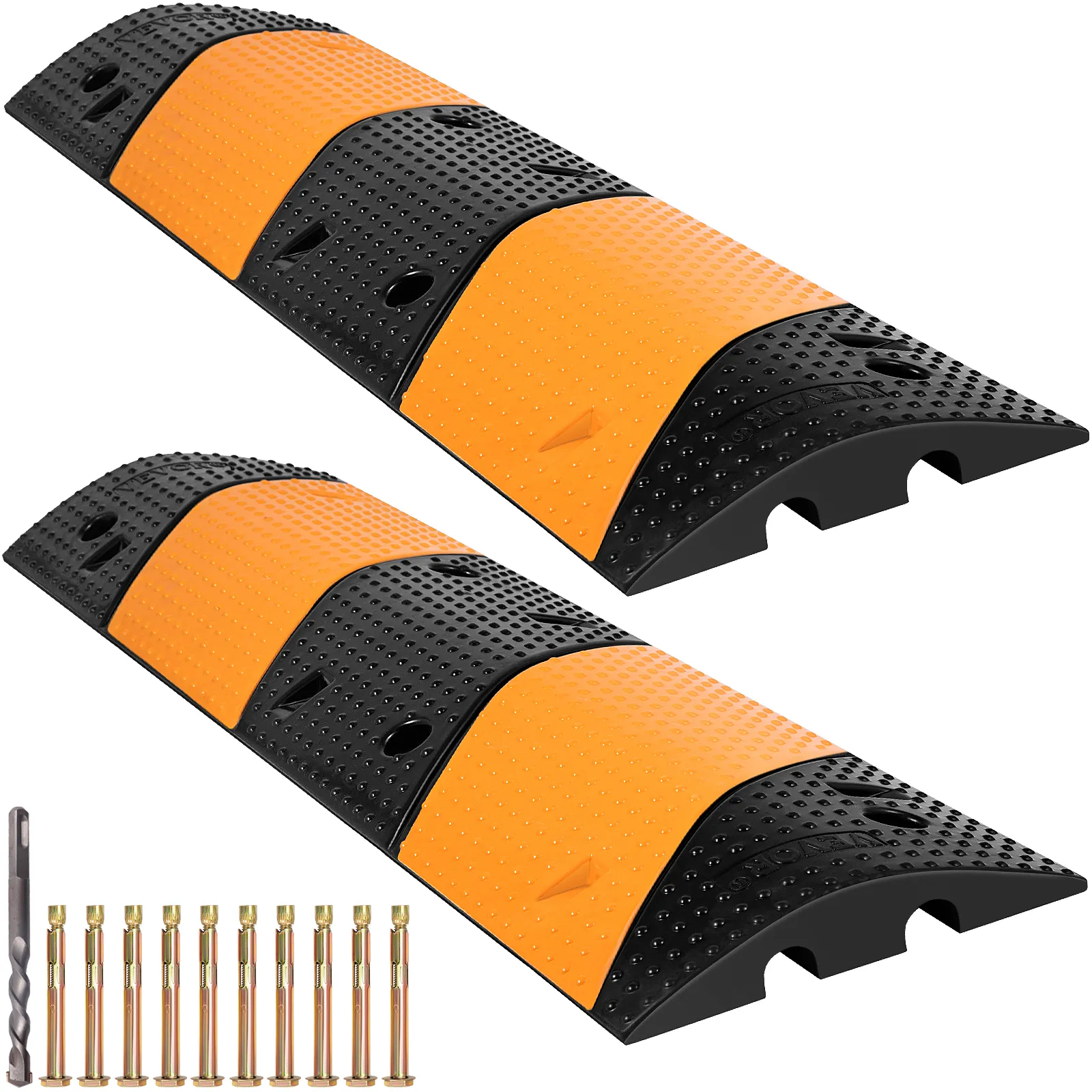 black and yellow VEVOR rubber speed bump with drill bit and bolts accessories.