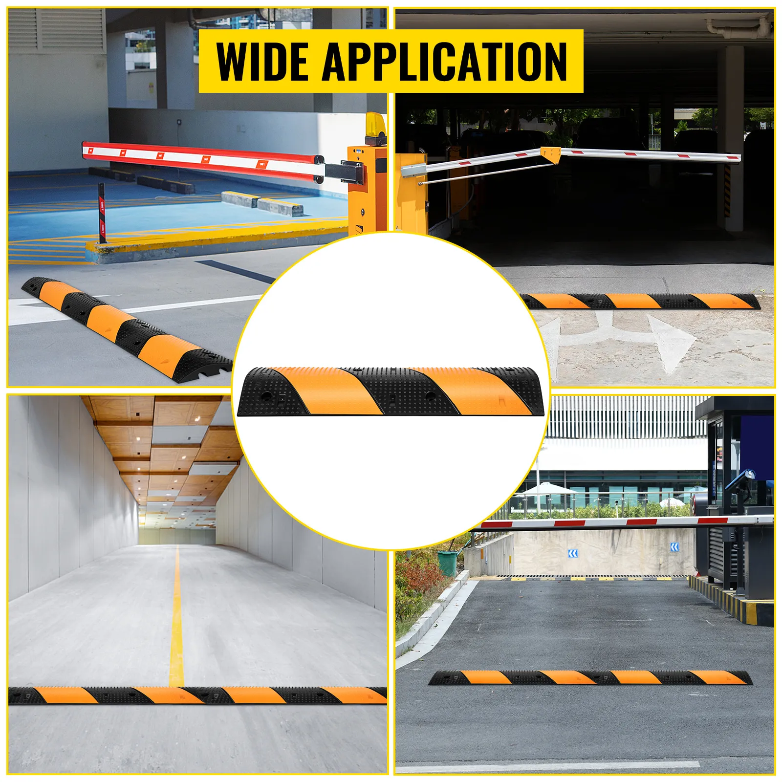 VEVOR rubber speed bump installed in various parking and driveway locations.
