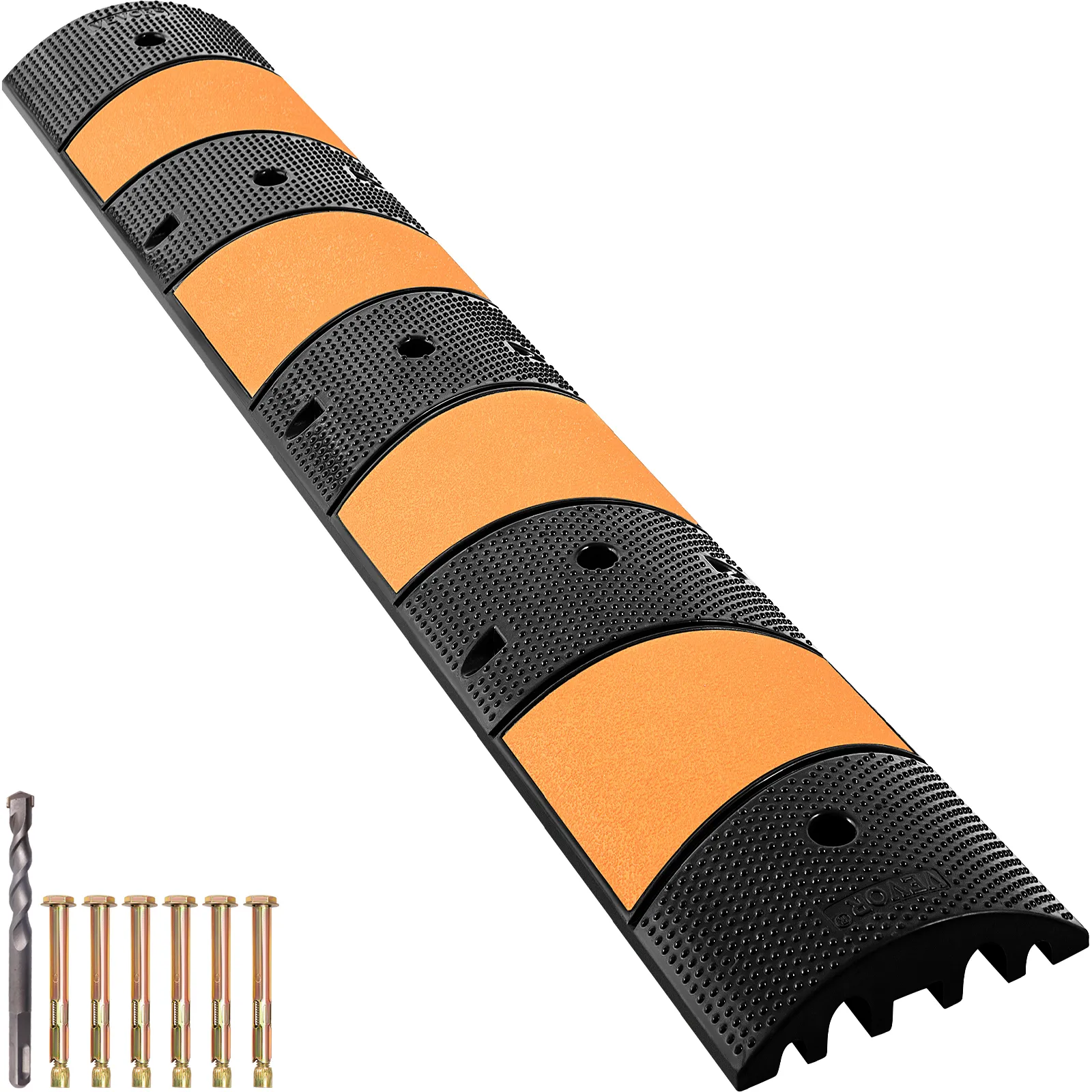 black and yellow VEVOR rubber speed bump with bolts and drill bit included.