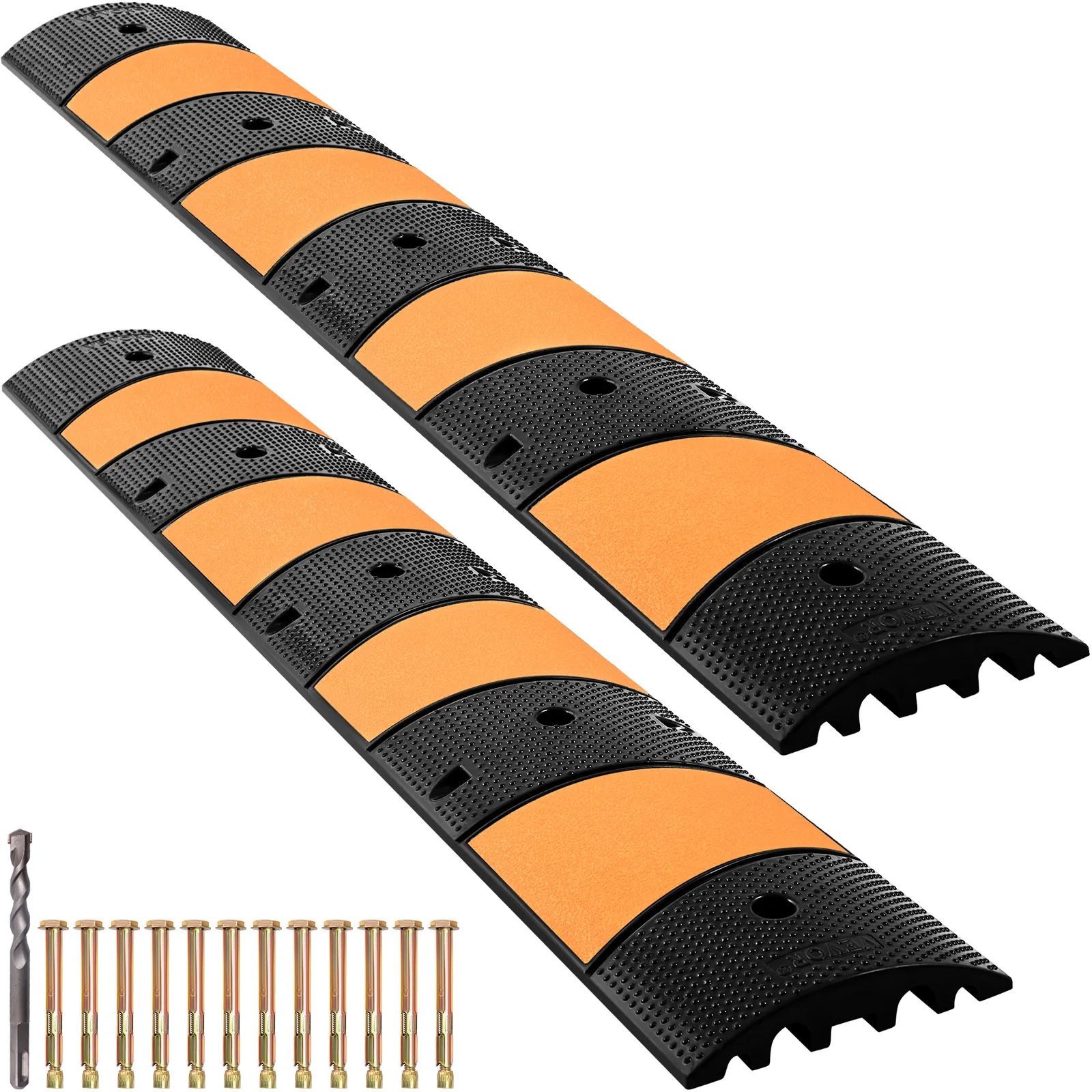 VEVOR rubber speed bump with yellow and black segments and installation accessories.