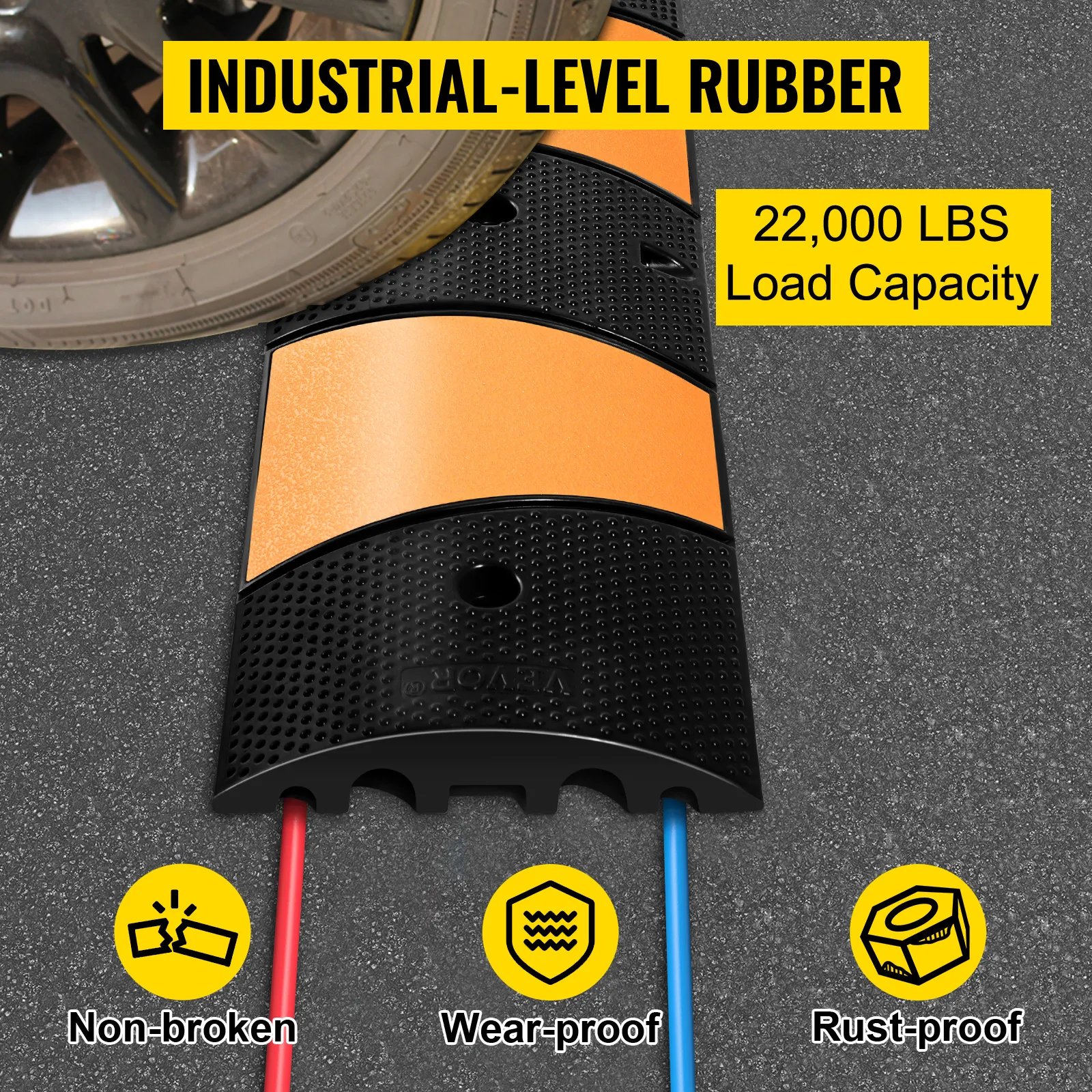 VEVOR rubber speed bump with 22,000 lbs load capacity; non-broken, wear-proof, rust-proof.