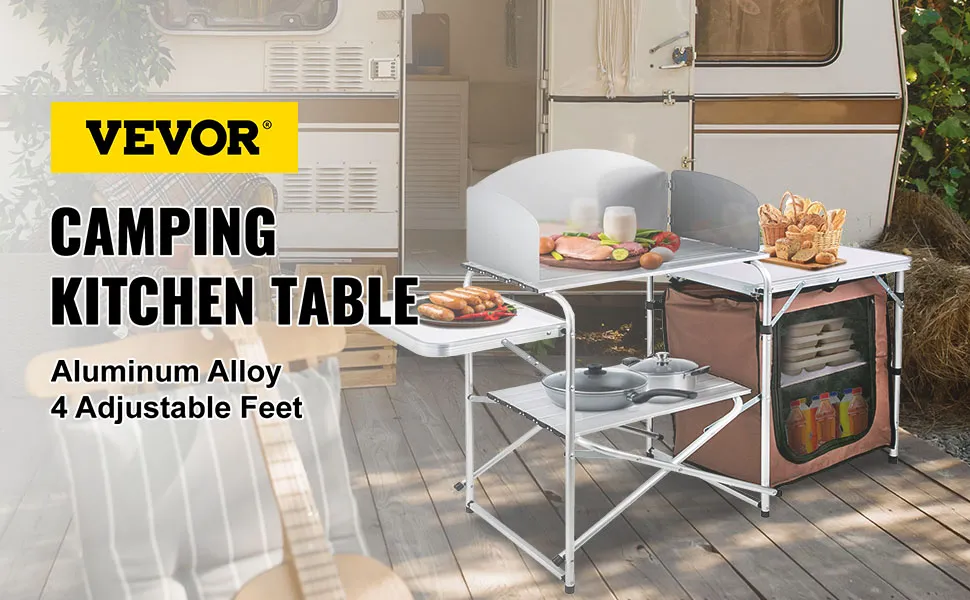 VEVOR camping kitchen table with aluminum alloy and 4 adjustable feet by a camper.