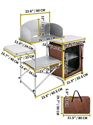VEVOR camping kitchen table with dimensions, storage compartments, and portable bag.