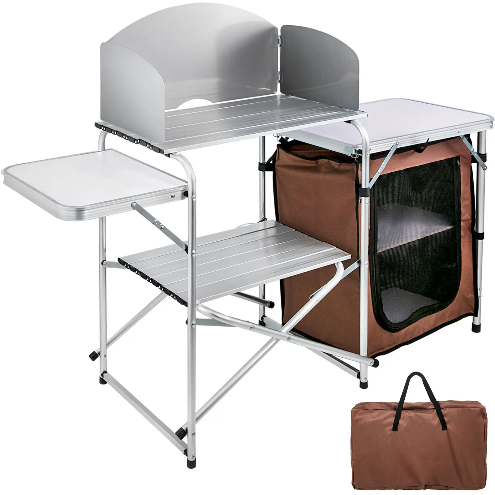 VEVOR camping kitchen table with windscreen, side tables, storage rack, and carry bag.