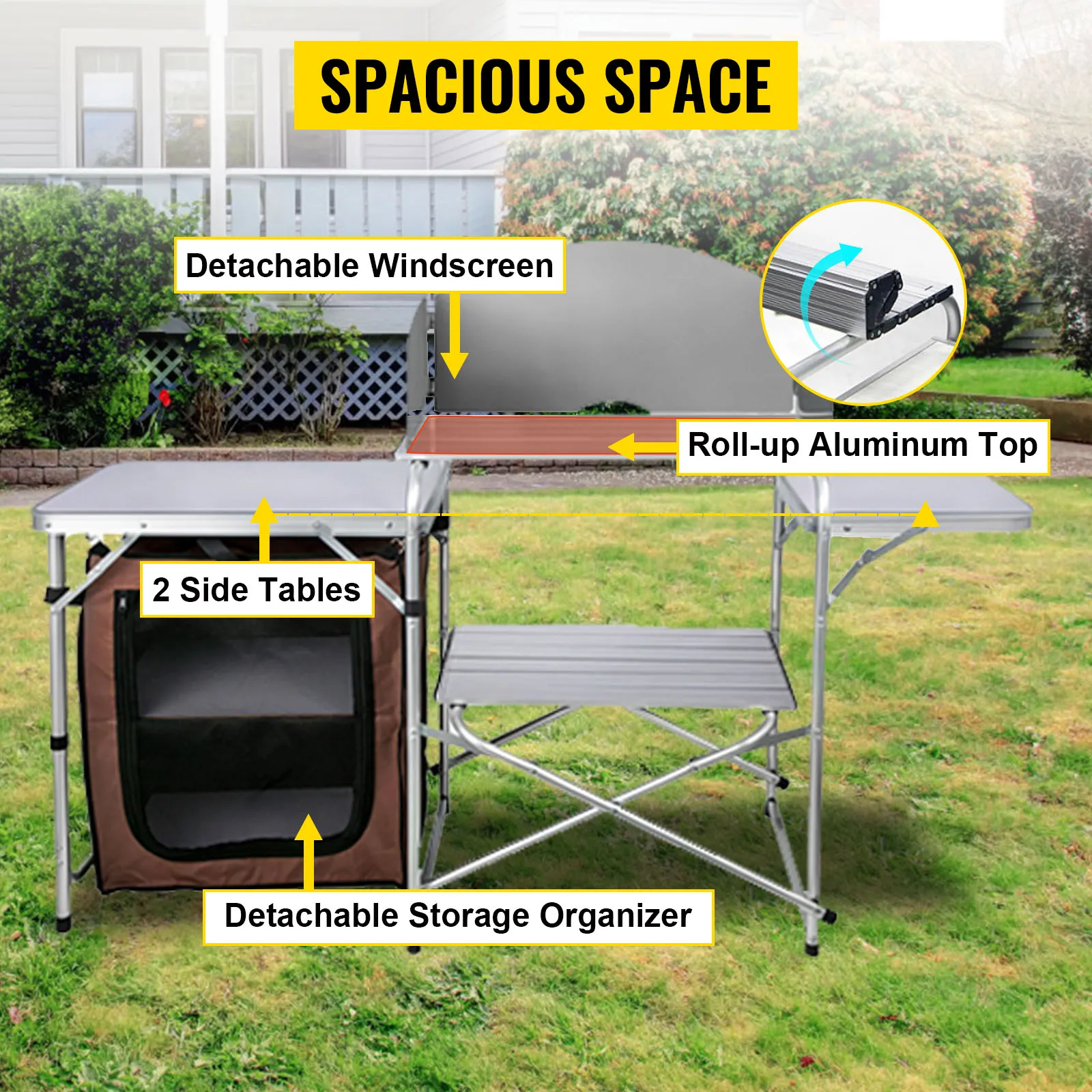 VEVOR camping kitchen table with detachable windscreen, side tables, and storage organizer.