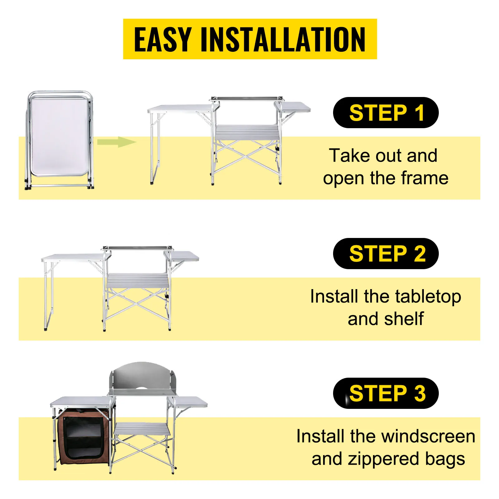 easy installation steps for VEVOR camping kitchen table setup.