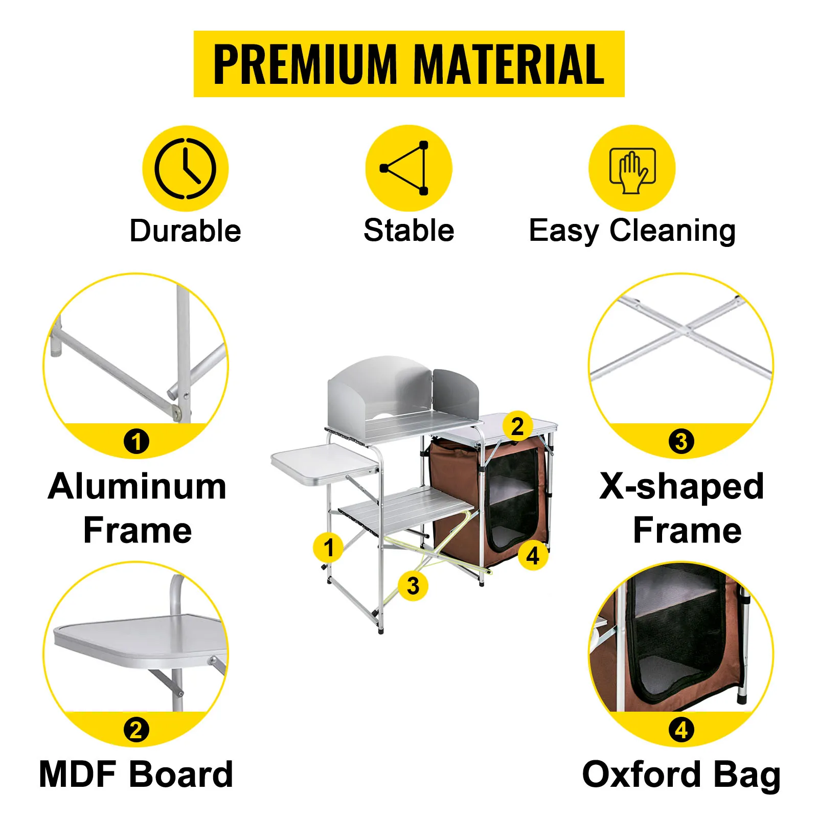 VEVOR camping kitchen table showing durable aluminum frame, mdf board, and oxford bag.