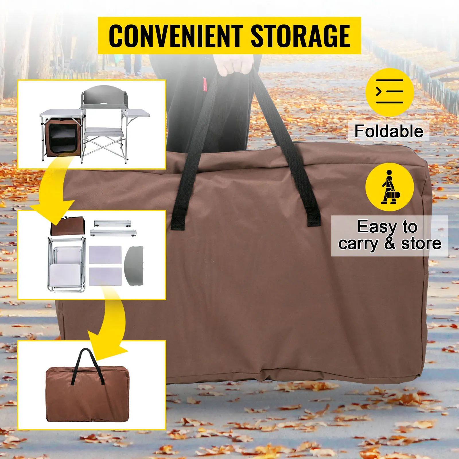 VEVOR camping kitchen table folded in a brown carry bag, easy to carry and store.