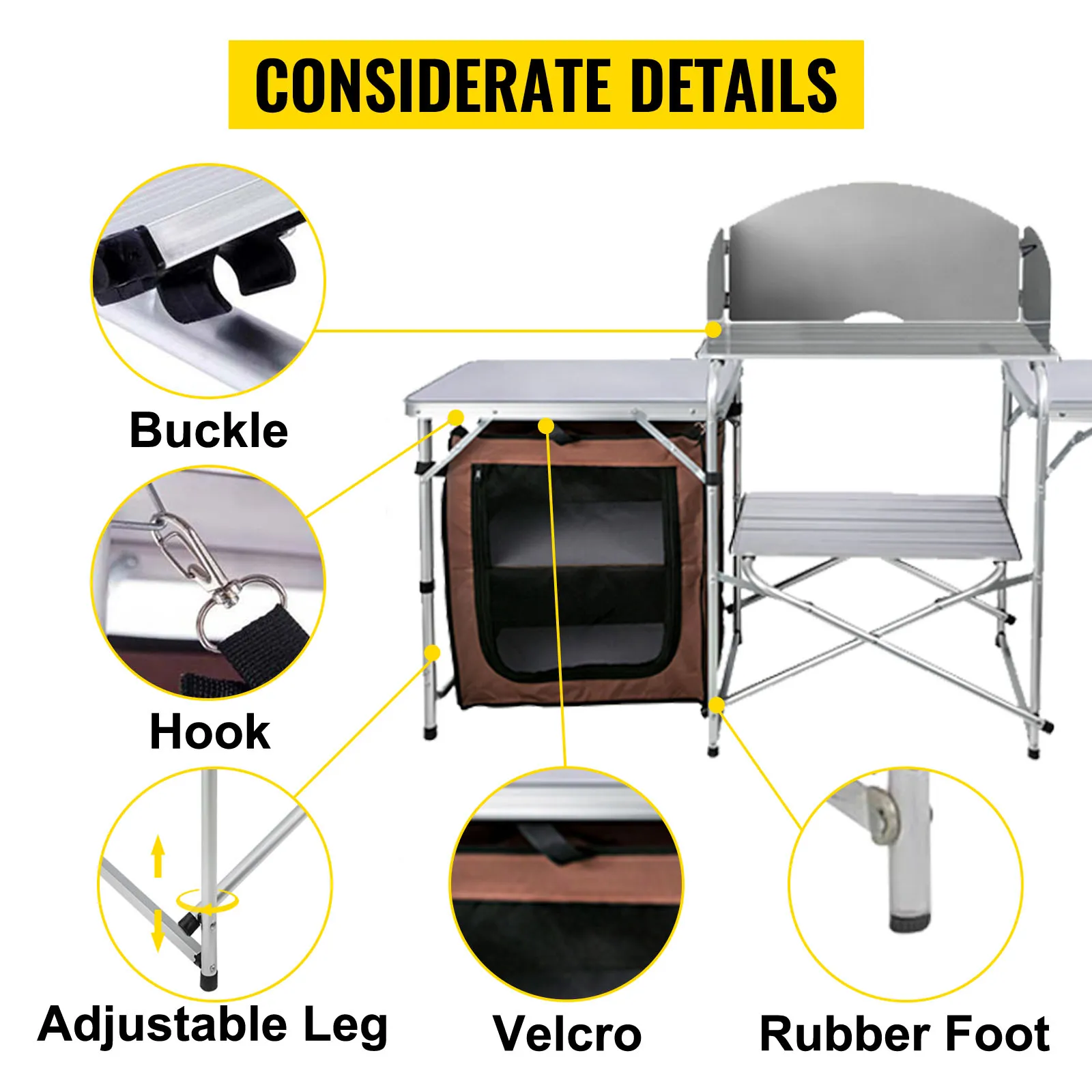 VEVOR camping kitchen table features buckles, hooks, adjustable legs, velcro, and rubber feet.