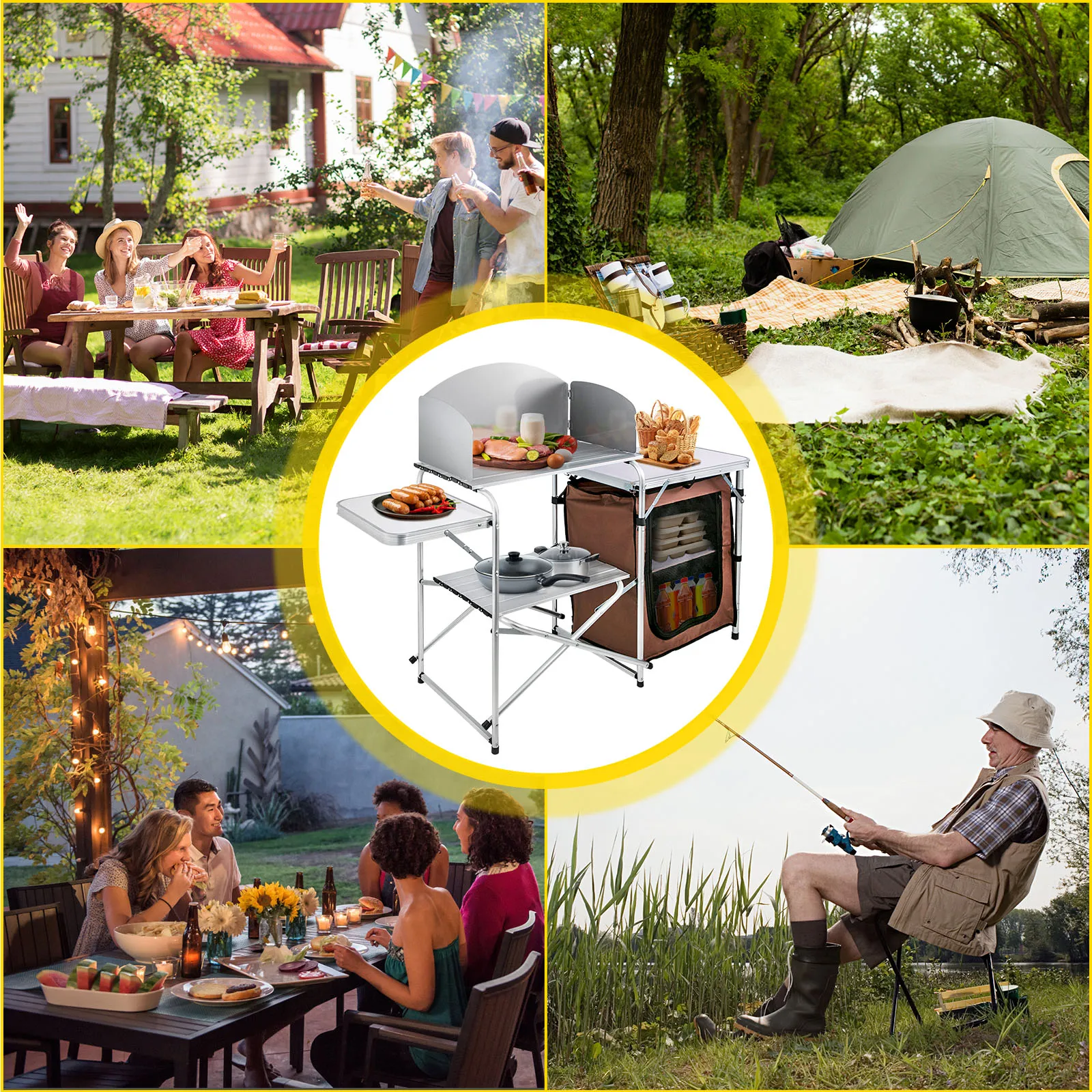 VEVOR camping kitchen table in collage of camping, outdoor dining, and fishing activities.