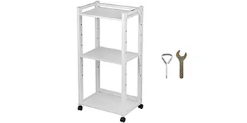Soporte para impresora VEVOR con dos estantes, estructura blanca, con ruedas, incluye herramientas de montaje.