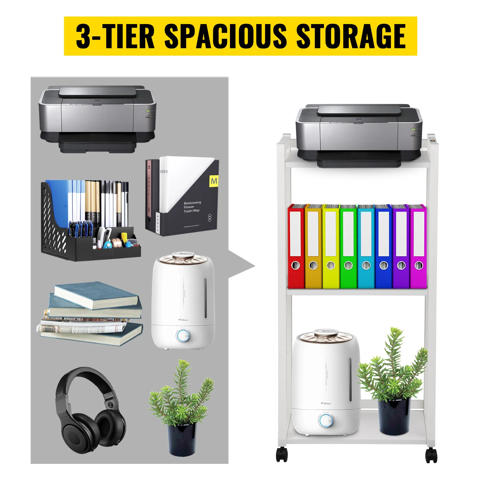Soporte de impresora VEVOR con almacenamiento espacioso de 3 niveles para libros, carpetas, plantas y suministros de oficina.