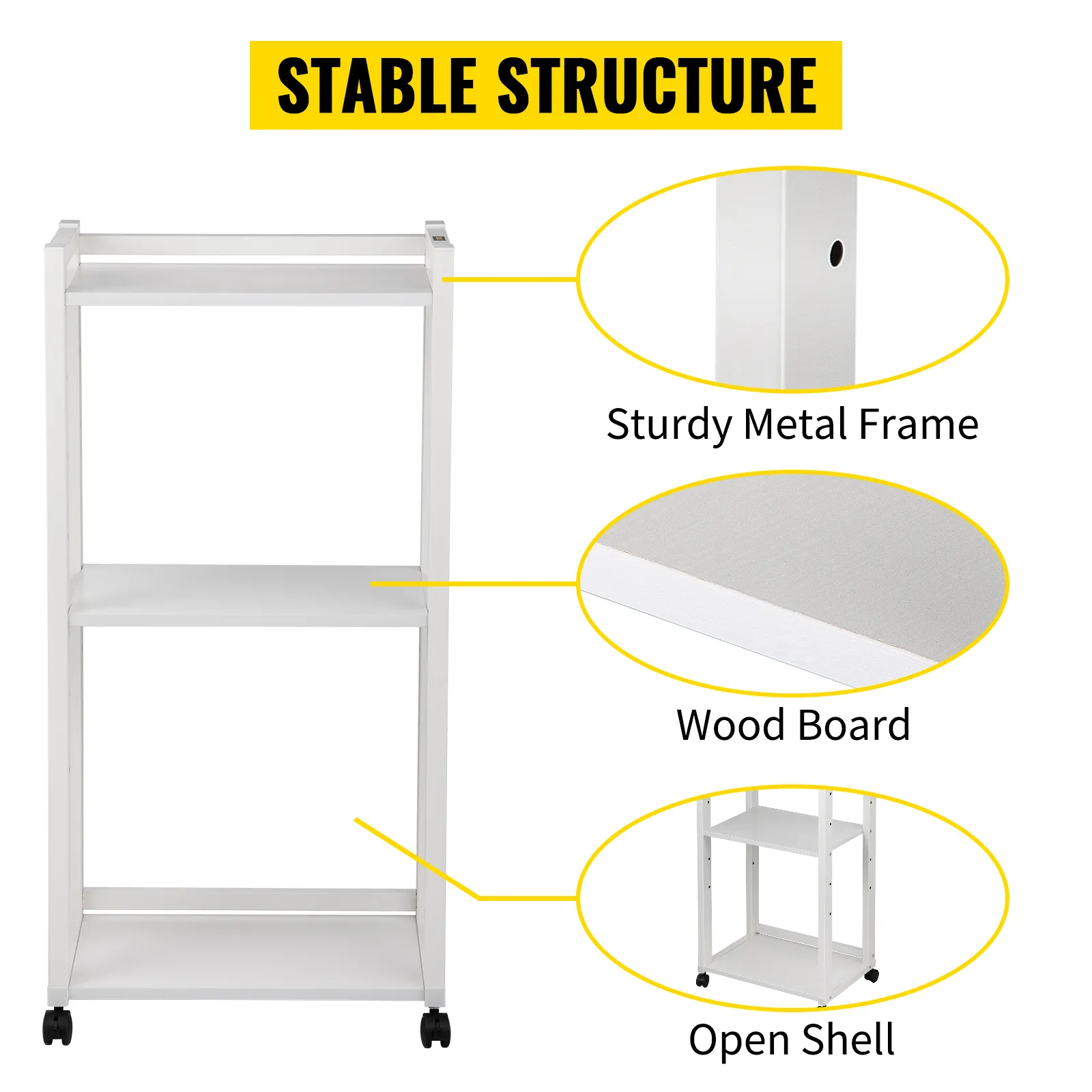 Soporte de impresora VEVOR con marco de metal resistente, estantes de tablero de madera y estructura de carcasa abierta sobre ruedas.