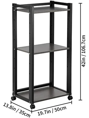 VEVOR printer stand with three shelves, black frame, and caster wheels, measuring 42" x 19.7" x 13.8".