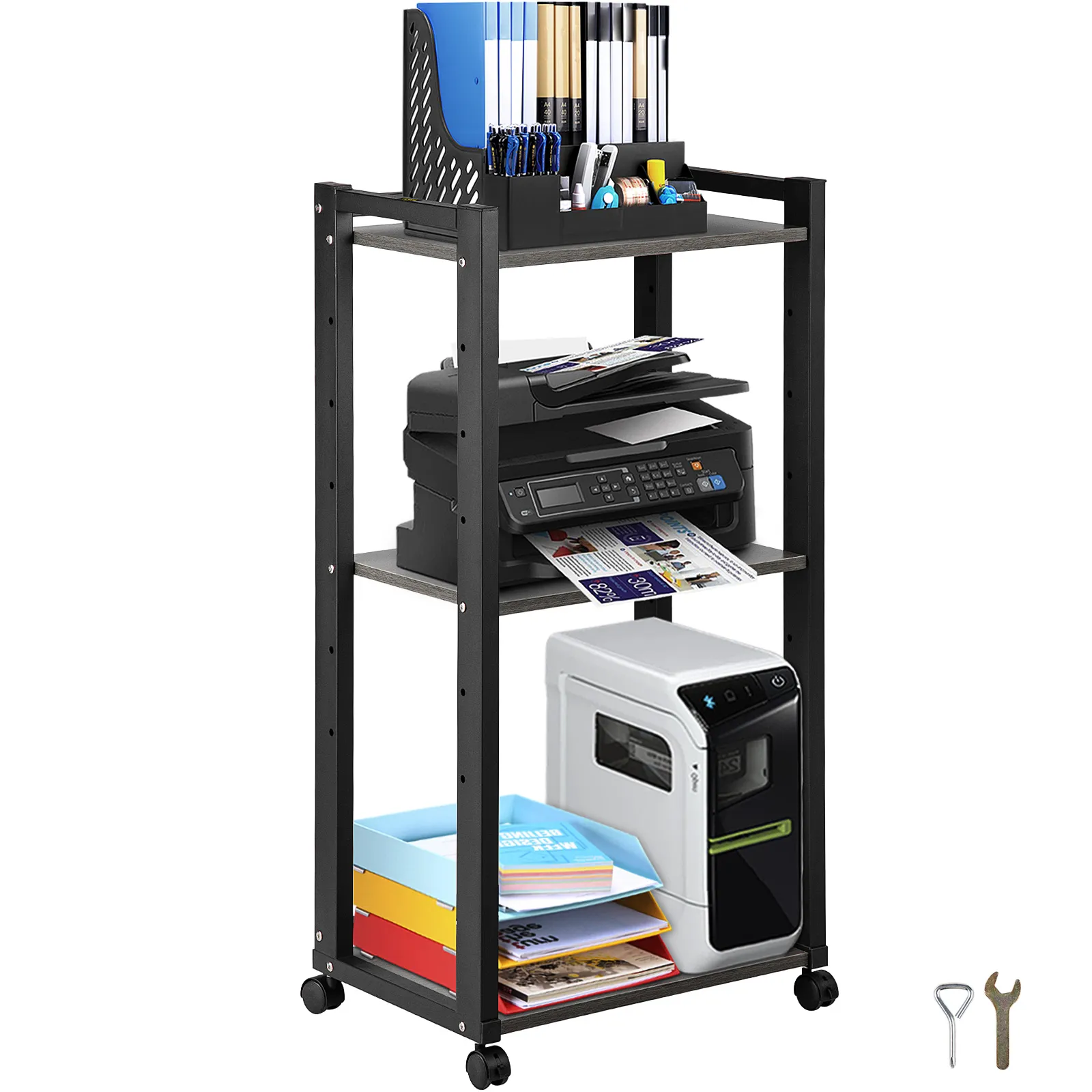VEVOR printer stand with multiple tiers holding office supplies, printer, and paper trays on wheels.