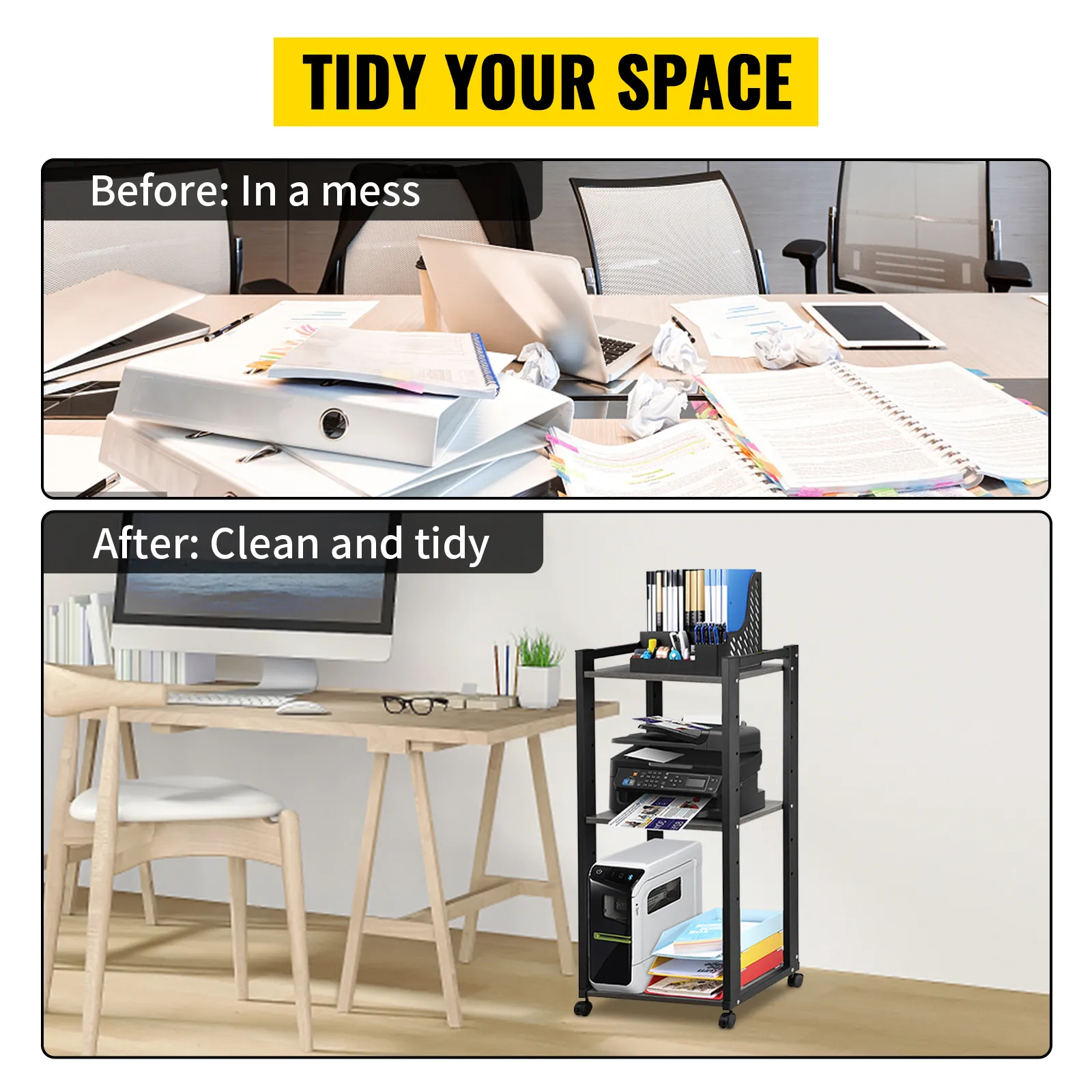 before and after showing desktop clutter transformed with VEVOR printer stand, ensuring tidiness and organization.