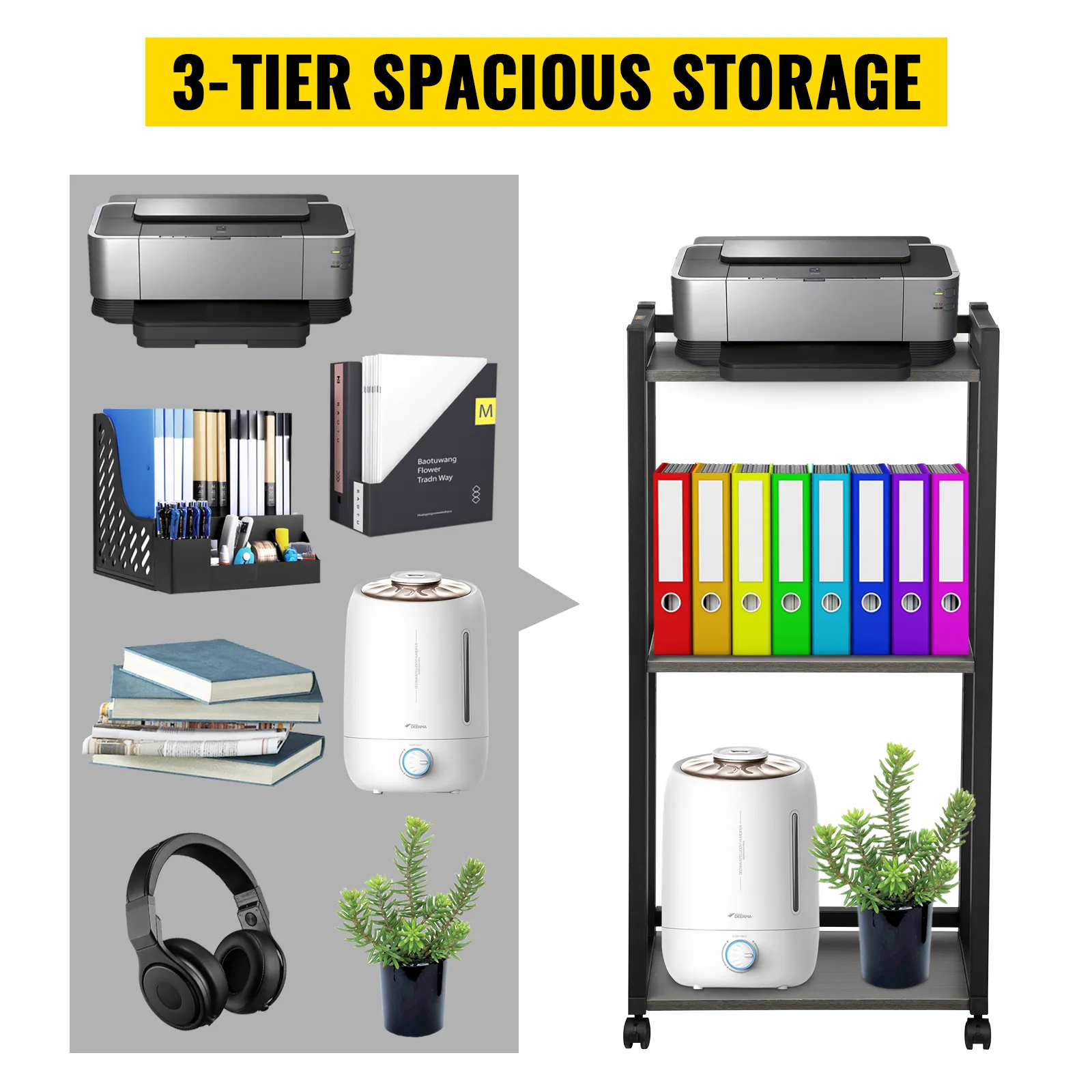 VEVOR printer stand with 3-tier spacious storage for office supplies, books, and accessories.
