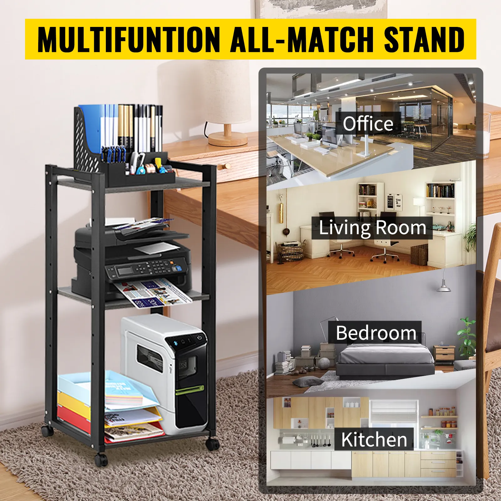 VEVOR printer stand in office, living room, bedroom, and kitchen settings, with storage and organization options.