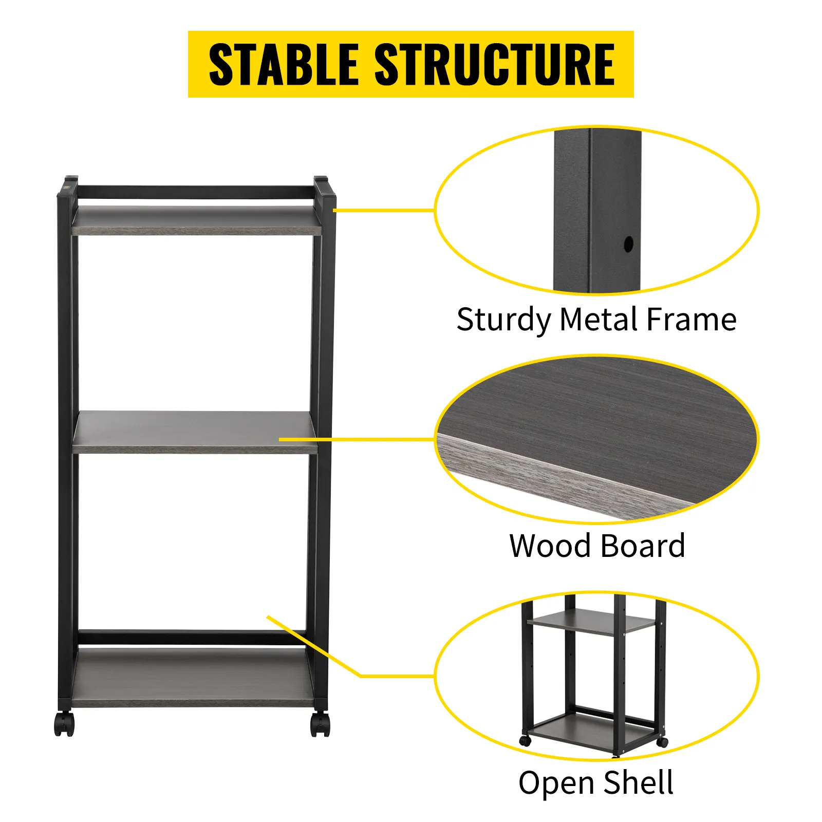 VEVOR printer stand with sturdy metal frame, wood board shelves, and open shell design for stability.