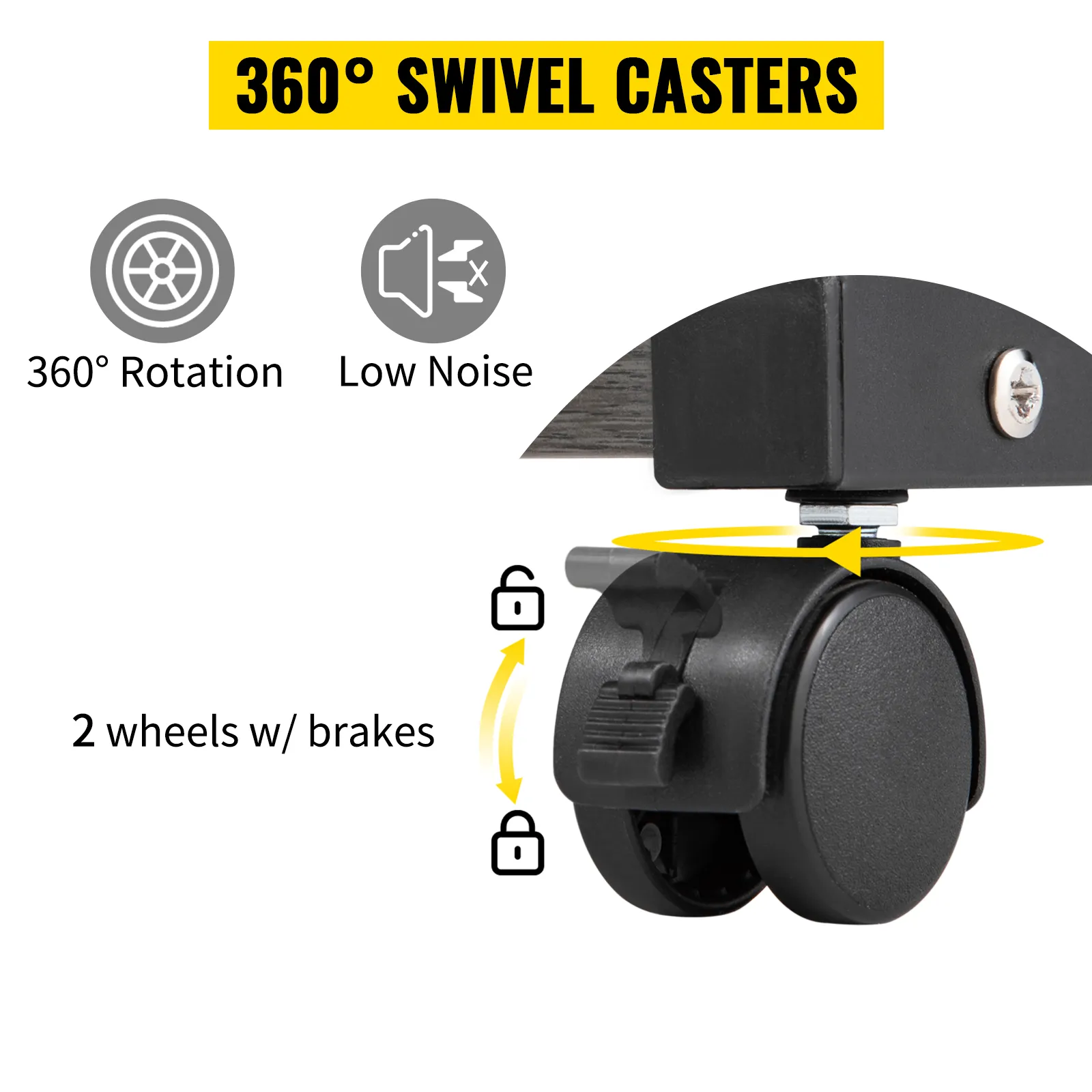 VEVOR printer stand with 360° swivel casters, low noise, 2 wheels w/ brakes, 360° rotation.