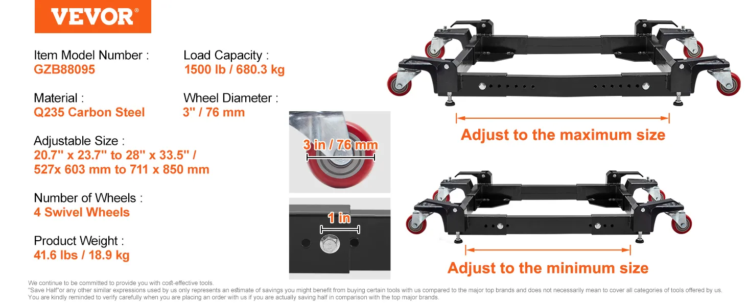 VEVOR mobile base with adjustable size, 4 swivel wheels, 1500 lb capacity, q235 carbon steel, 3" wheels.