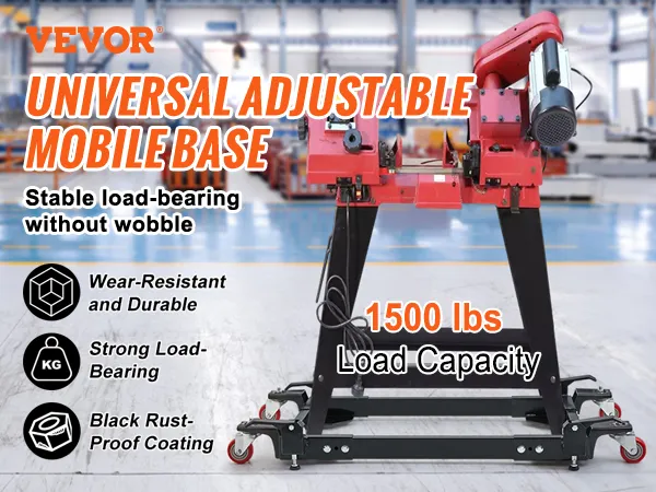 VEVOR mobile base with 1500 lbs load capacity, wear-resistant, durable, and black rust-proof coating.