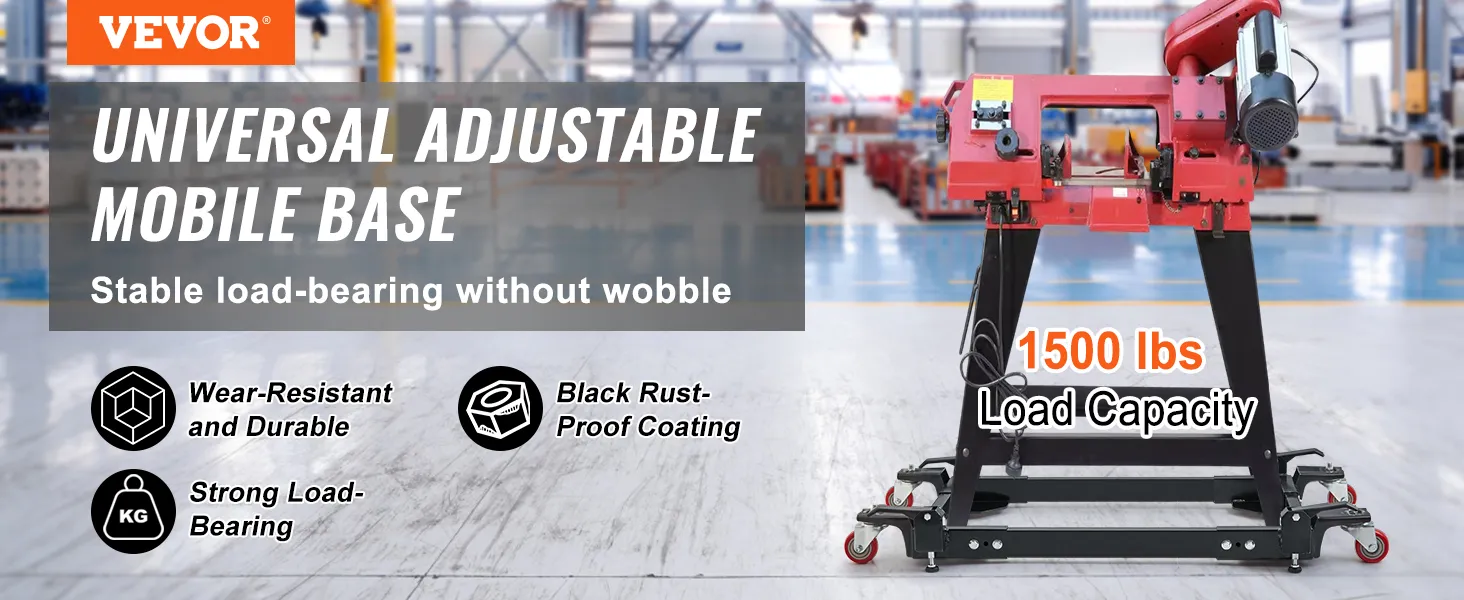 VEVOR mobile base with 1500 lbs load capacity, wear-resistant, durable, and black rust-proof coating.