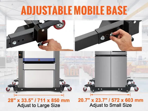 VEVOR mobile base with adjustable frame length and fixed foot height for large and small appliances.