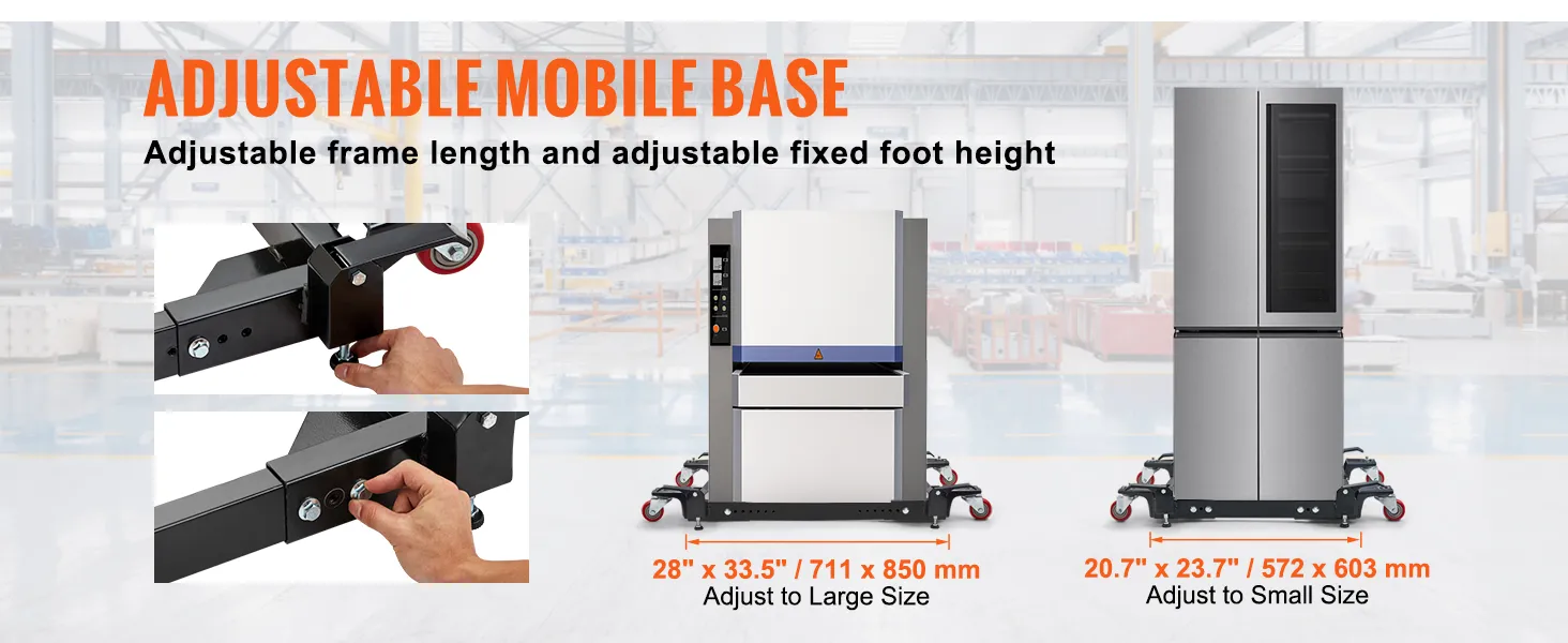 VEVOR mobile base with adjustable frame length and fixed foot height for large and small appliances.