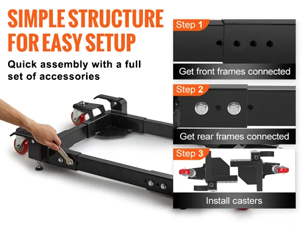 simple assembly of VEVOR mobile base with pre-drilled screw holes, only requires a screwdriver.