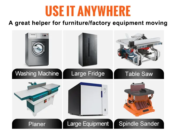 use it anywhere: VEVOR mobile base for washing machine, large fridge, table saw, planer, and spindle sander.