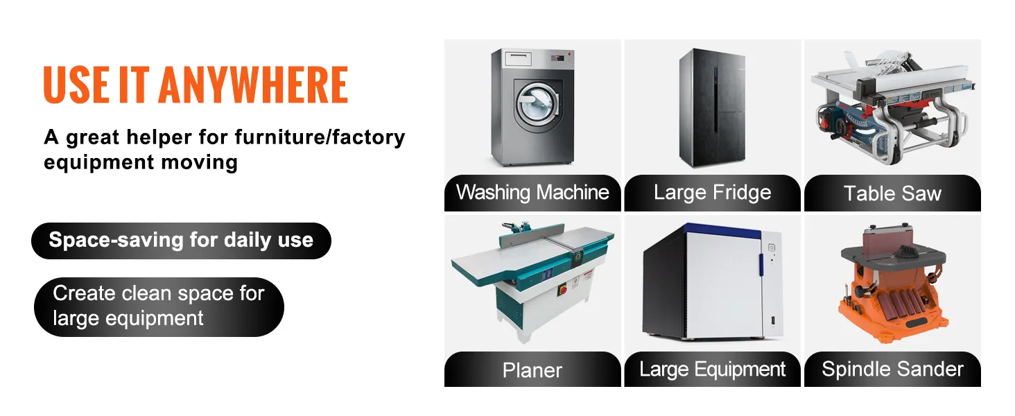 use it anywhere: VEVOR mobile base for washing machine, large fridge, table saw, planer, and spindle sander.