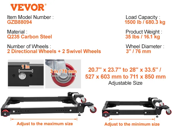VEVOR mobile base, 1500 lb capacity, adjustable size, q235 carbon steel, 3 in wheels, 35 lbs weight.