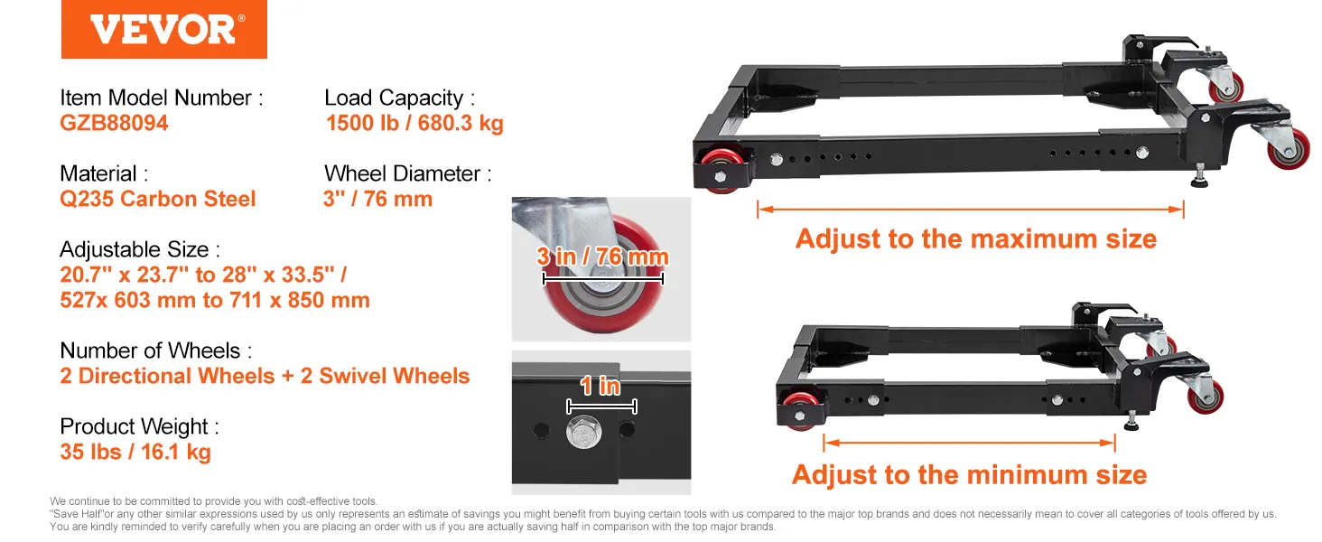 VEVOR mobile base, 1500 lb capacity, adjustable size, q235 carbon steel, 3 in wheels, 35 lbs weight.