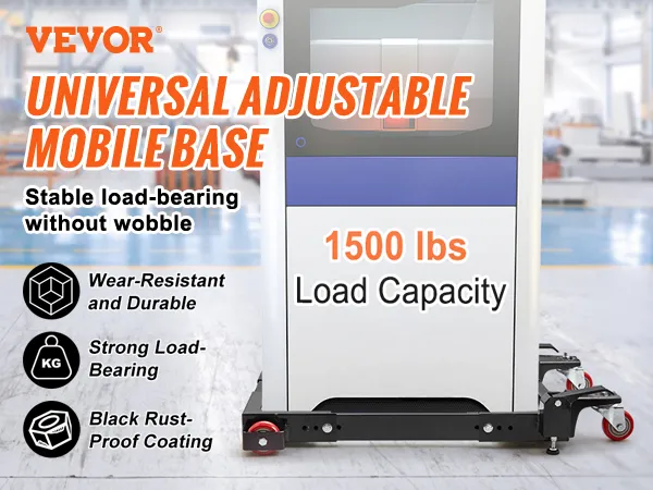 VEVOR mobile base with 1500 lbs load capacity, wear-resistant, durable with black rust-proof coating.