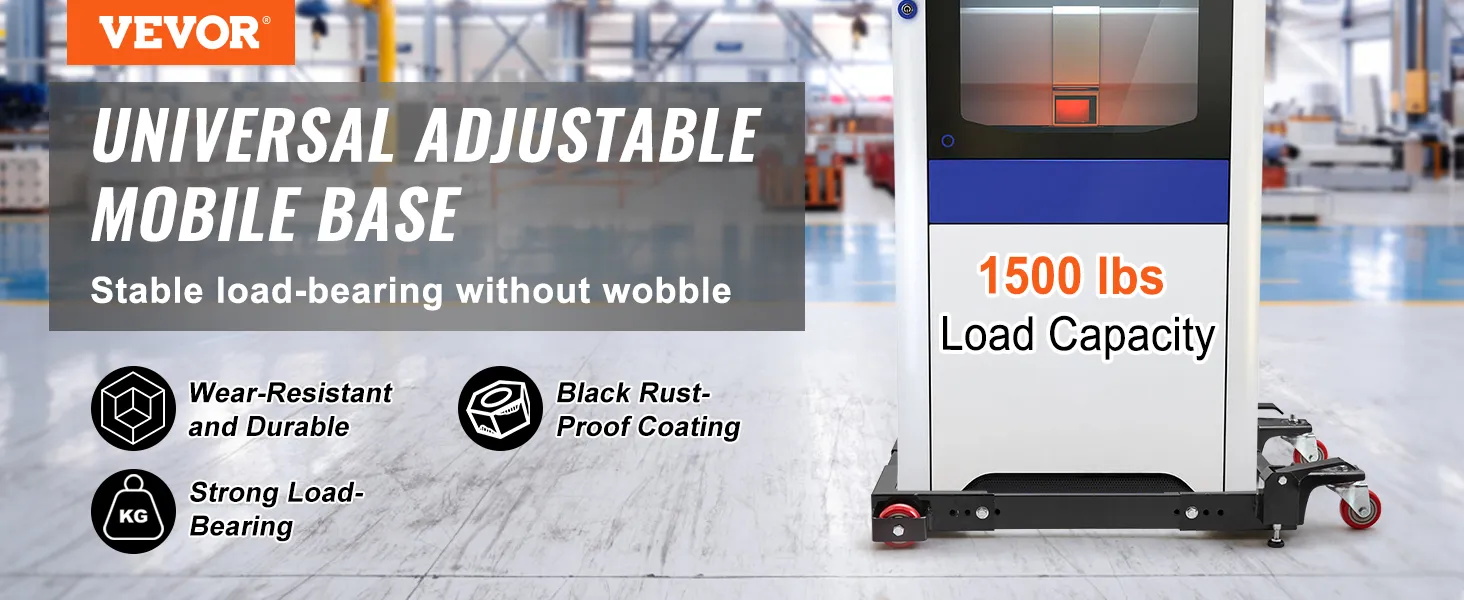 VEVOR mobile base with 1500 lbs load capacity, wear-resistant, durable with black rust-proof coating.