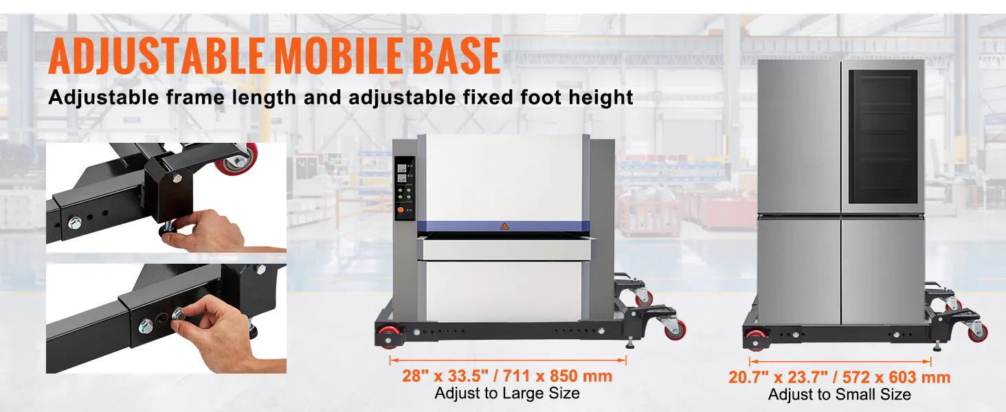 VEVOR mobile base with adjustable frame length and fixed foot height holding appliances.