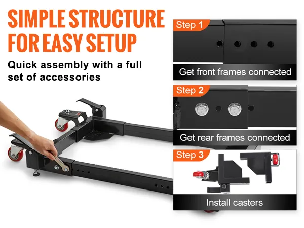 simple assembly with accessories, illustrating VEVOR mobile base setup steps for easy installation.