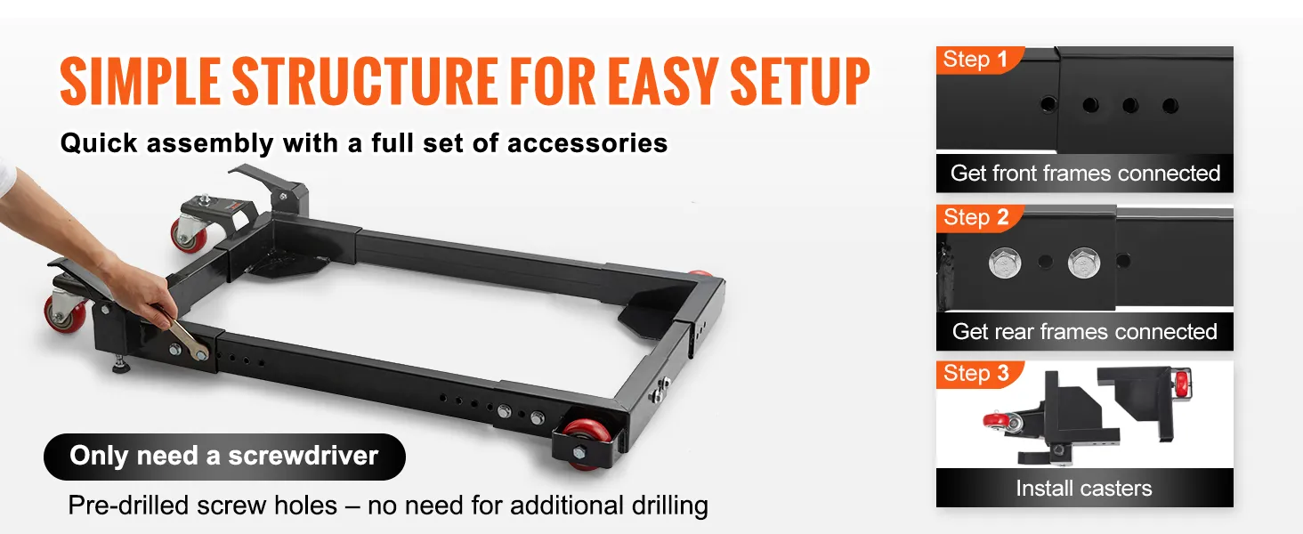 simple assembly with accessories, illustrating VEVOR mobile base setup steps for easy installation.