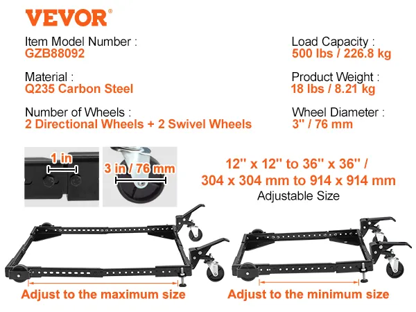 VEVOR mobile base, adjustable 12"x12" to 36"x36", 500 lbs capacity, 3" wheels, model gzb88092.