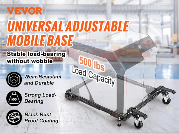 VEVOR mobile base with 500 lbs load capacity, wear-resistant, black rust-proof coating, and strong stability.