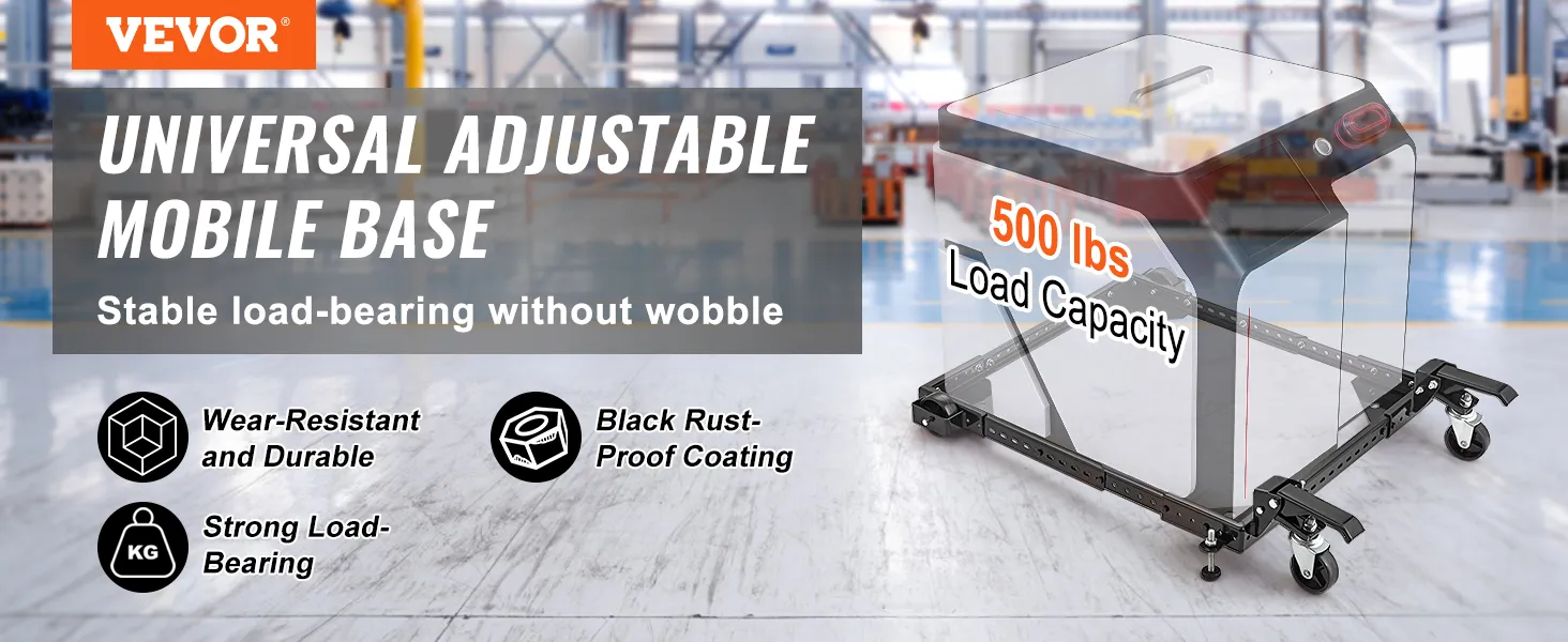 VEVOR mobile base with 500 lbs load capacity, wear-resistant, black rust-proof coating, and strong stability.