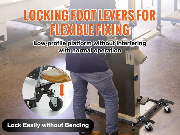 locking foot levers for flexible fixing on VEVOR mobile base with a low-profile platform and easy locking.