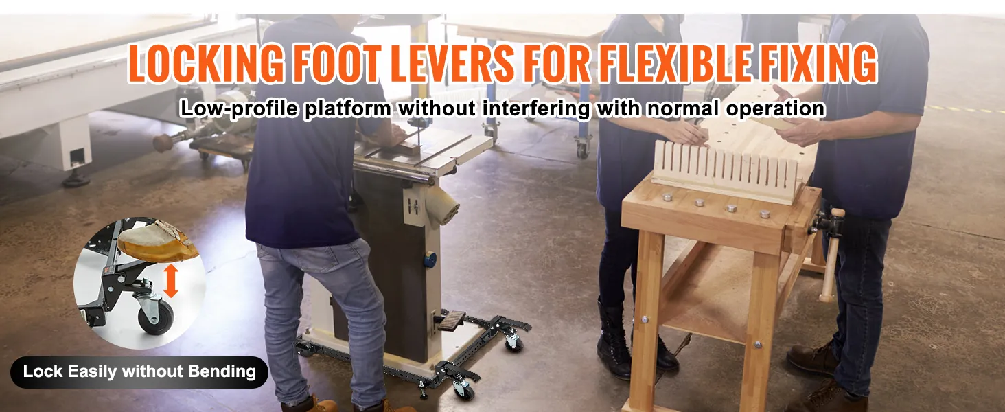 locking foot levers for flexible fixing on VEVOR mobile base with a low-profile platform and easy locking.