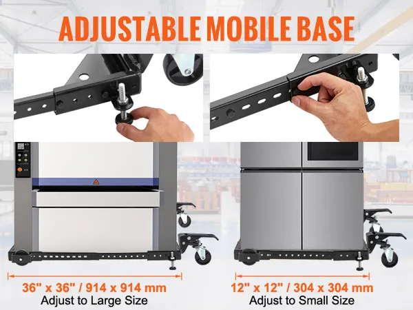 adjustable mobile base with adjustable frame length and fixed foot height for large and small appliances.