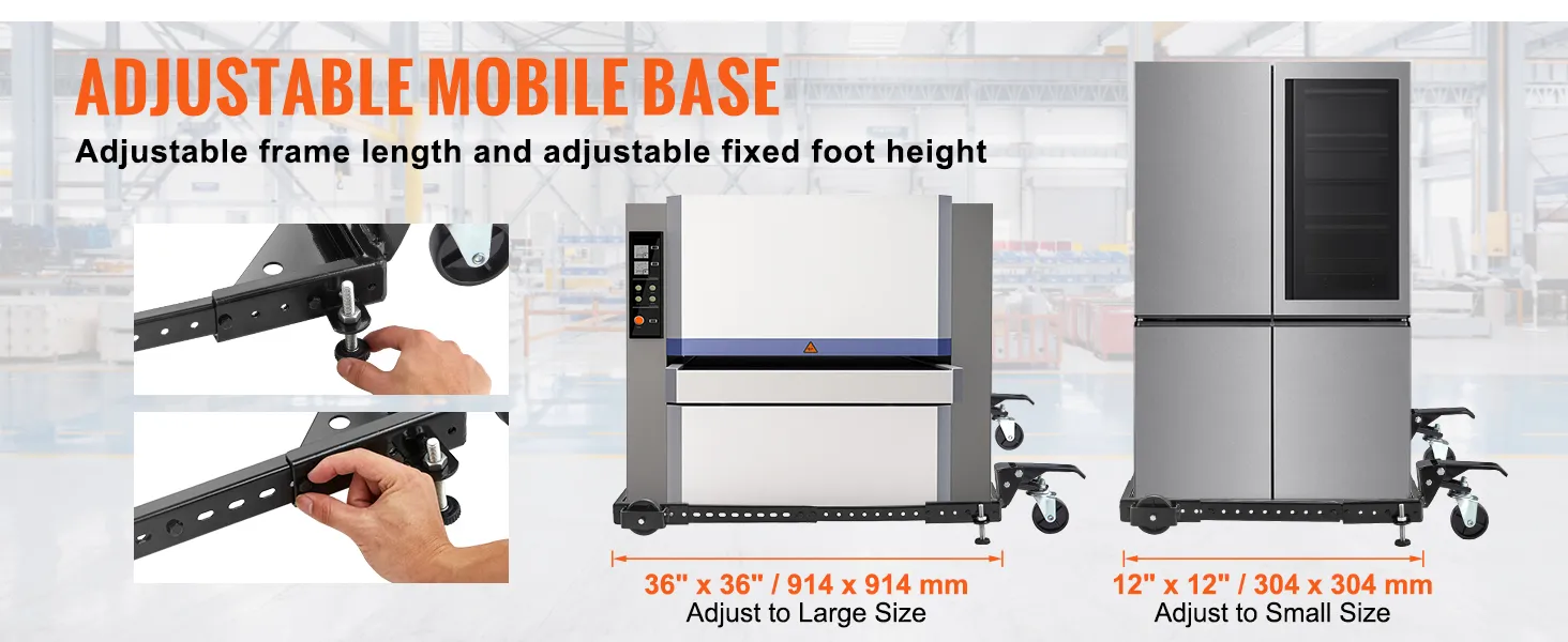 adjustable mobile base with adjustable frame length and fixed foot height for large and small appliances.
