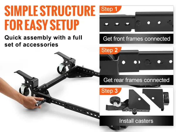 VEVOR mobile base setup with step-by-step instructions, showcasing frames and caster installation.