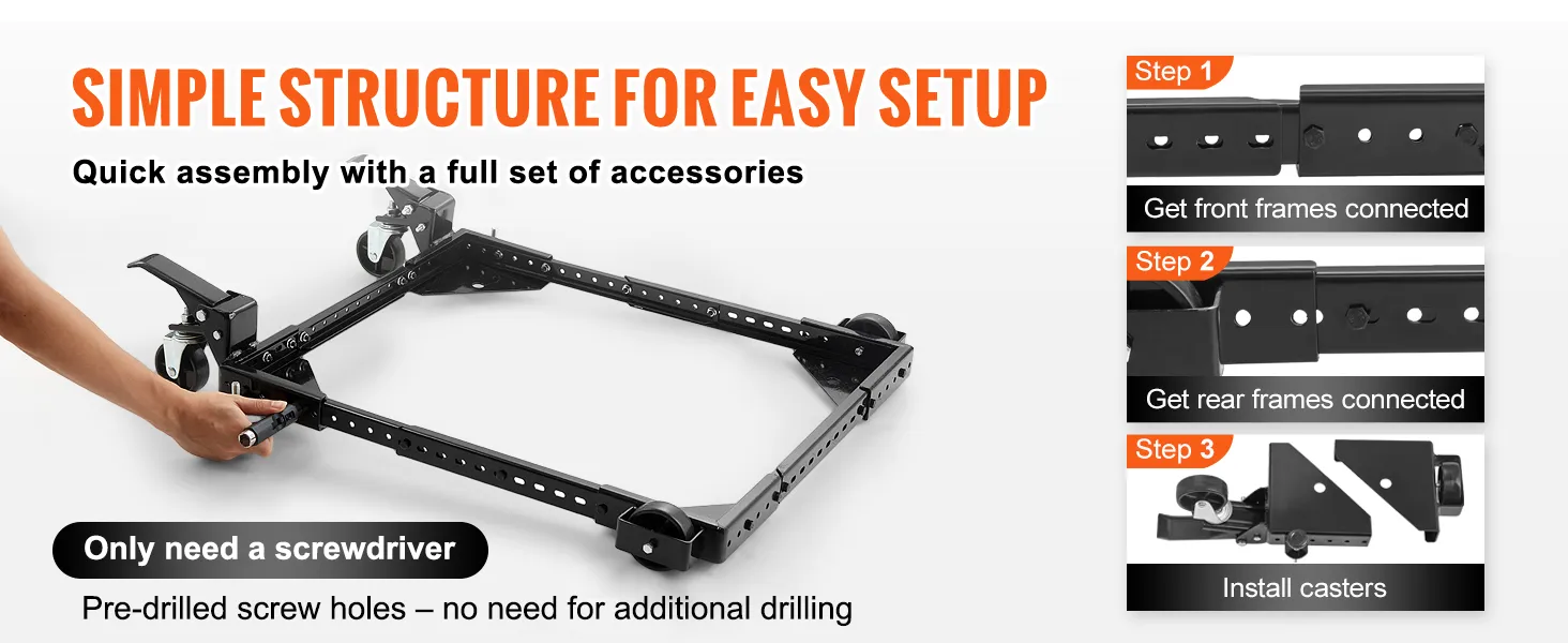 VEVOR mobile base setup with step-by-step instructions, showcasing frames and caster installation.